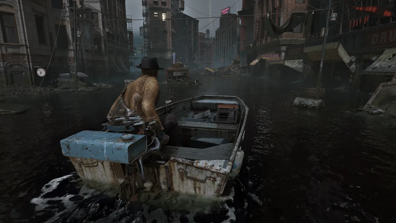 The Sinking City 2で浸水したArkhamをボートで移動する公式スクリーンショット
