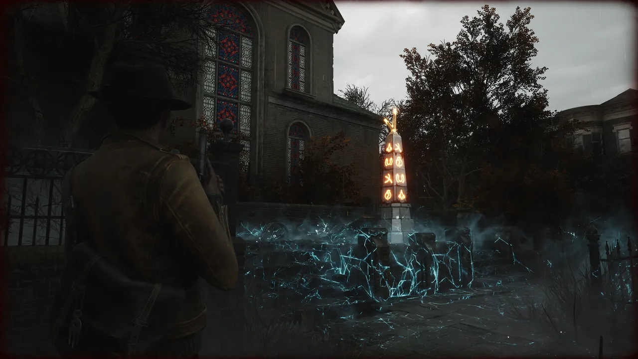 The Sinking City 2の教会前で光る記号のオベリスクを確認する公式スクリーンショット